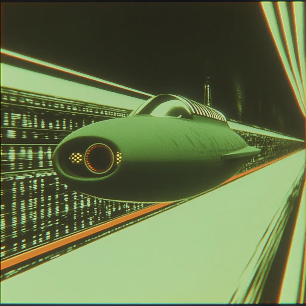 Una nave con forma de torpedo de color verde oliva avanza por un túnel largo cuyas paredes están cubiertas de una cuadrícula de puntos luminosos.