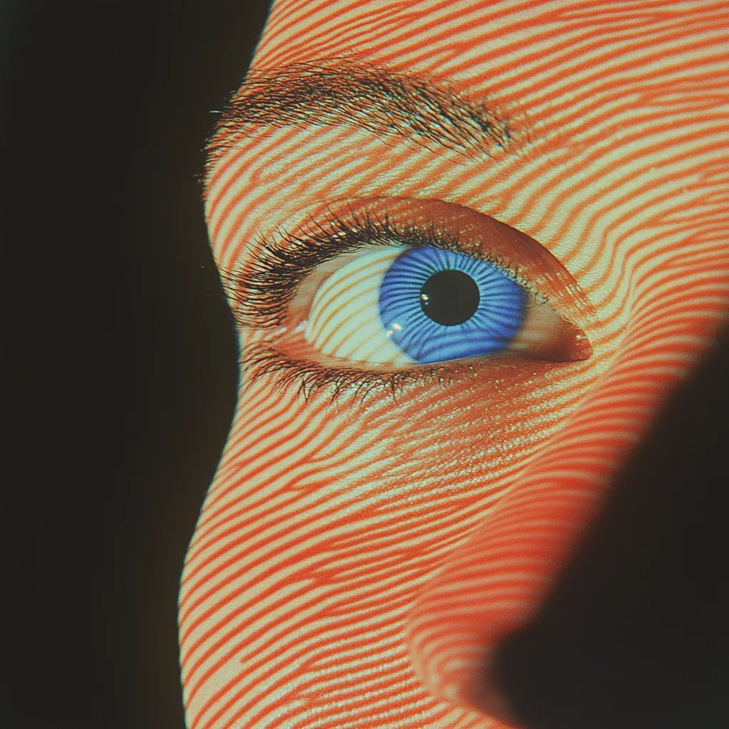 Primer plano del ojo azul de una persona y parte de su rostro, cruzados por franjas de luz naranja y sombra, como las de una persiana.