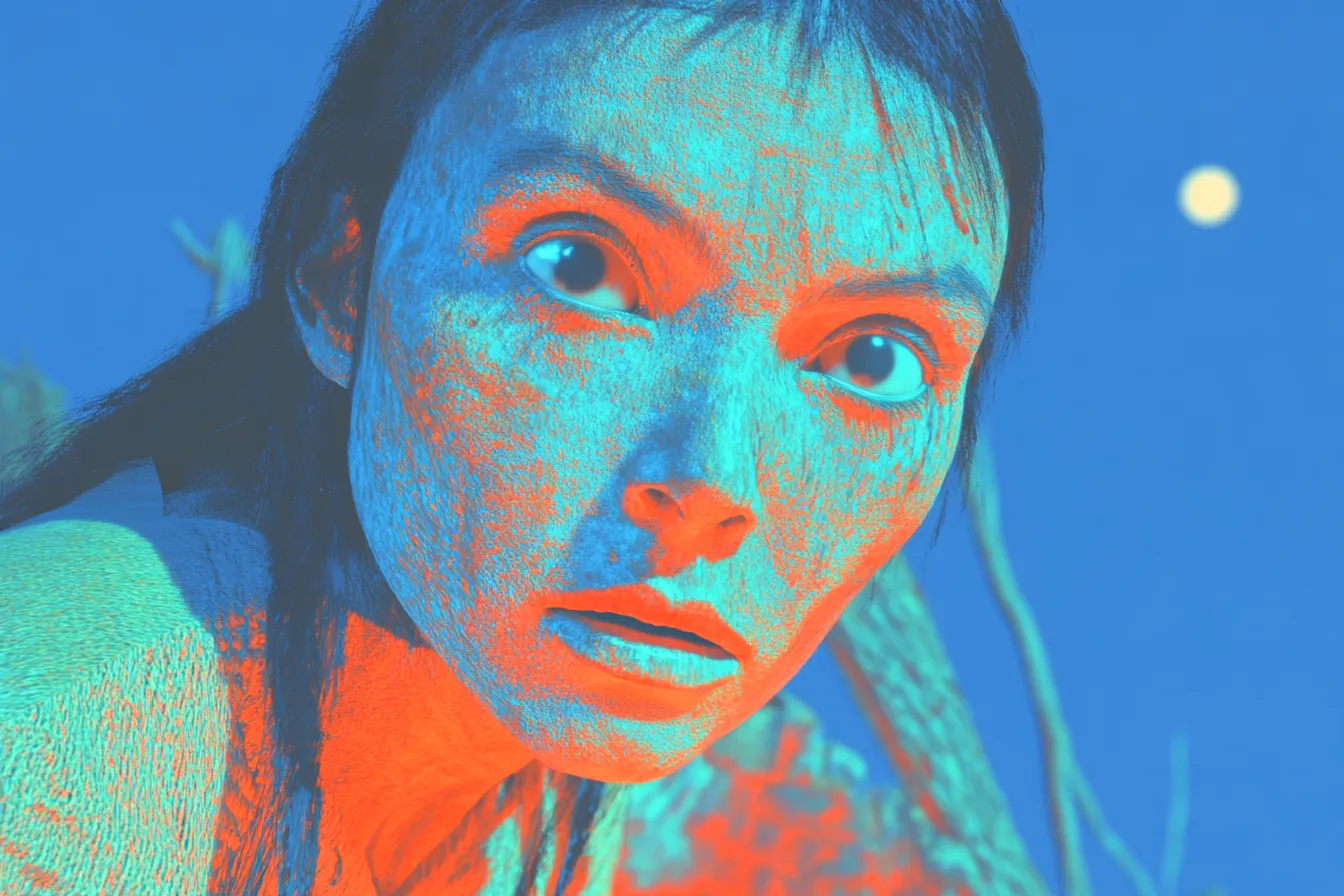 Primer plano del rostro de una mujer joven con los ojos muy abiertos, iluminado en tonos azules y naranjas, con una pequeña luna visible en la esquina superior del cielo.
