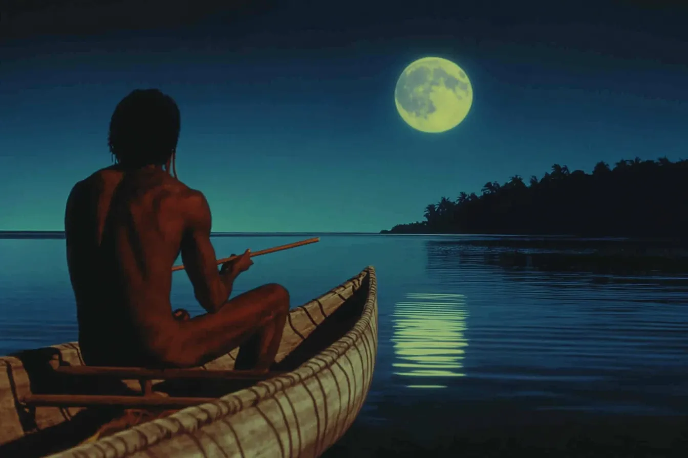 Un hombre visto de espaldas rema en una canoa de madera hacia una luna llena que se refleja en aguas tranquilas, con una costa de palmeras al fondo.