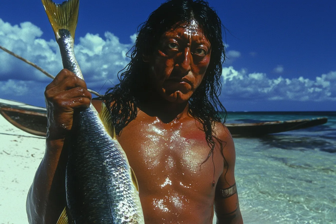 Un hombre sostiene en alto un pez plateado junto a la playa, con el rostro pintado de rojo y la piel cubierta de sudor, bajo un cielo con nubes y dos canoas al fondo.