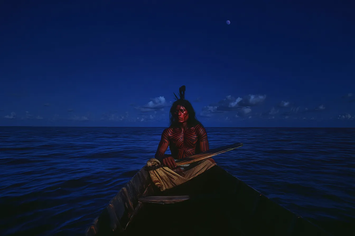 Una persona sentada en una canoa de madera sobre un mar oscuro de noche, con el rostro y el pecho pintados de rojo, bajo un cielo azul con una luna pequeña.
