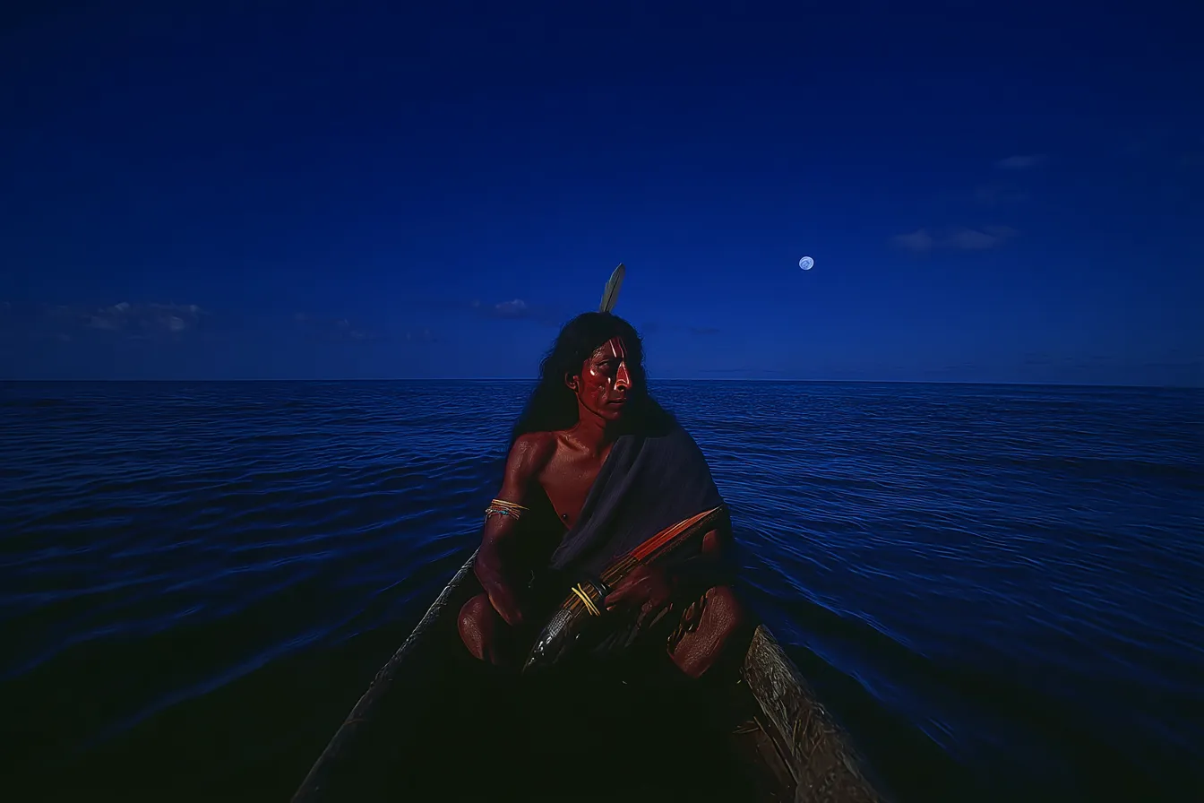 Una persona sentada en una canoa sostiene un remo sobre un mar oscuro, con el rostro pintado de rojo, bajo un cielo nocturno azul con luna y nubes.