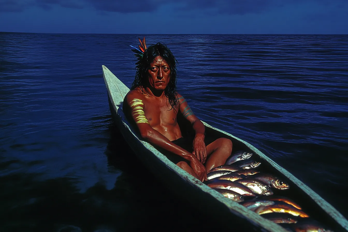 Hombre indígena con el rostro pintado de rojo y una pluma en el cabello, sentado en una canoa de madera con pescado, sobre un mar azul oscuro de noche.