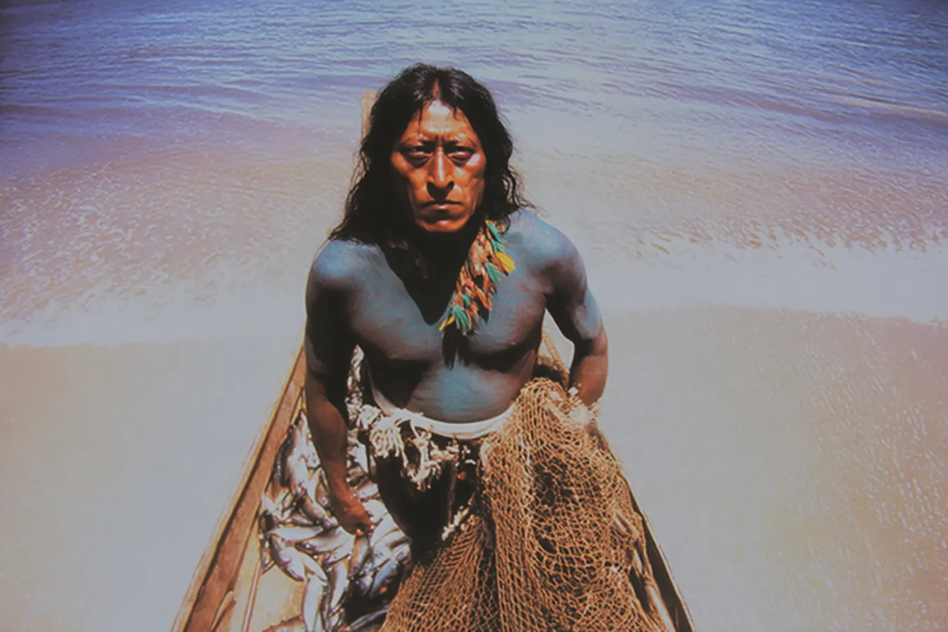 Hombre indígena con el rostro pintado y una pluma en el cabello, de pie en una playa con una red de pesca en las manos, mar y arena claros de fondo.