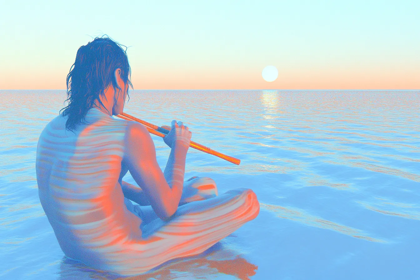 Persona sentada de espaldas sobre el agua poco profunda, tocando una flauta de madera, con el sol poniéndose en el horizonte en tonos pastel.