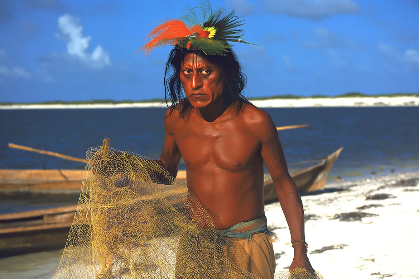Hombre indígena con un tocado de plumas rojas y verdes, sosteniendo una red de pesca, de pie en una playa junto al mar y dos canoas de madera.