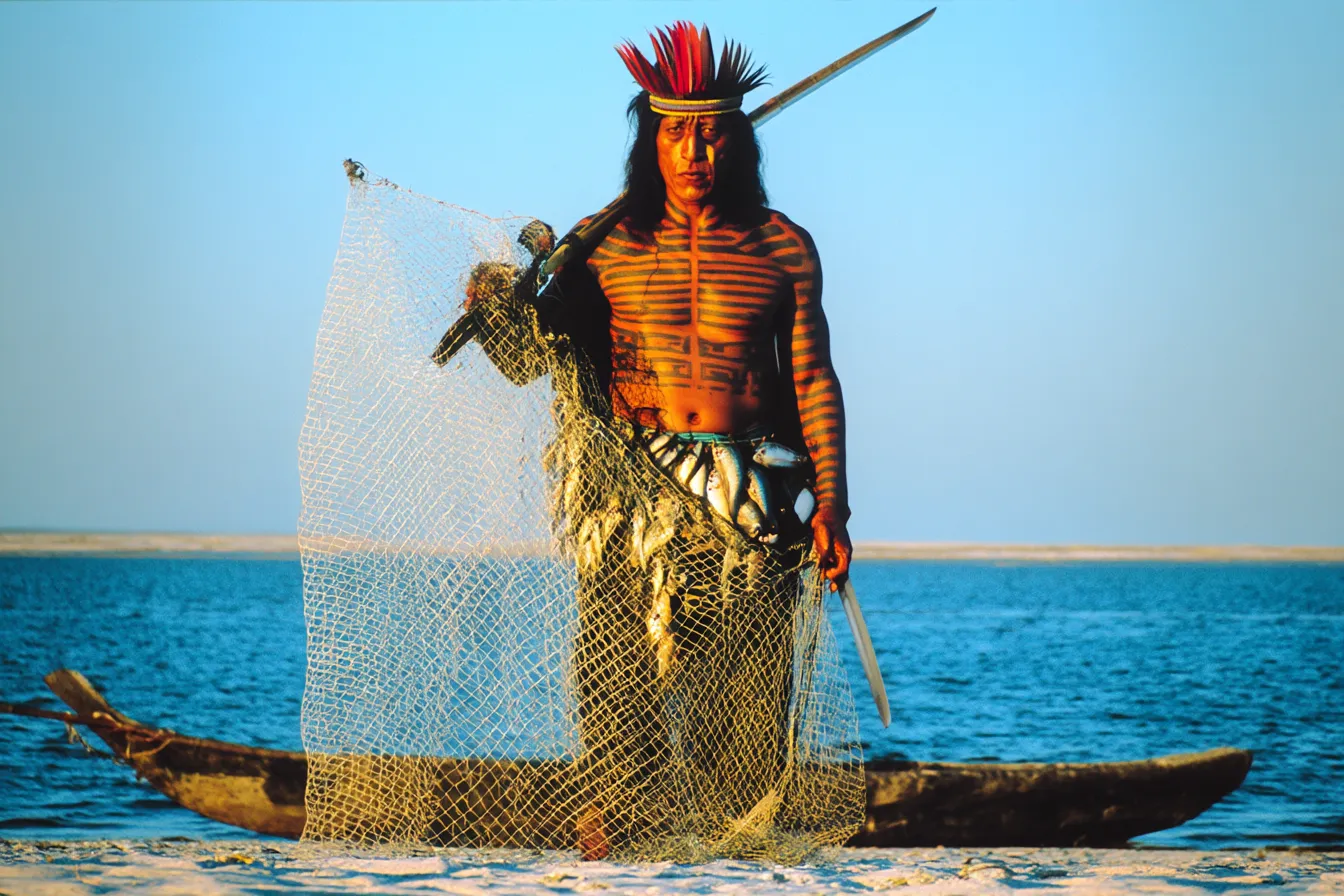 Hombre indígena con tocado de plumas rojas y verdes, sosteniendo un machete y una red con pescado, de pie en una playa con el mar y una canoa al fondo.