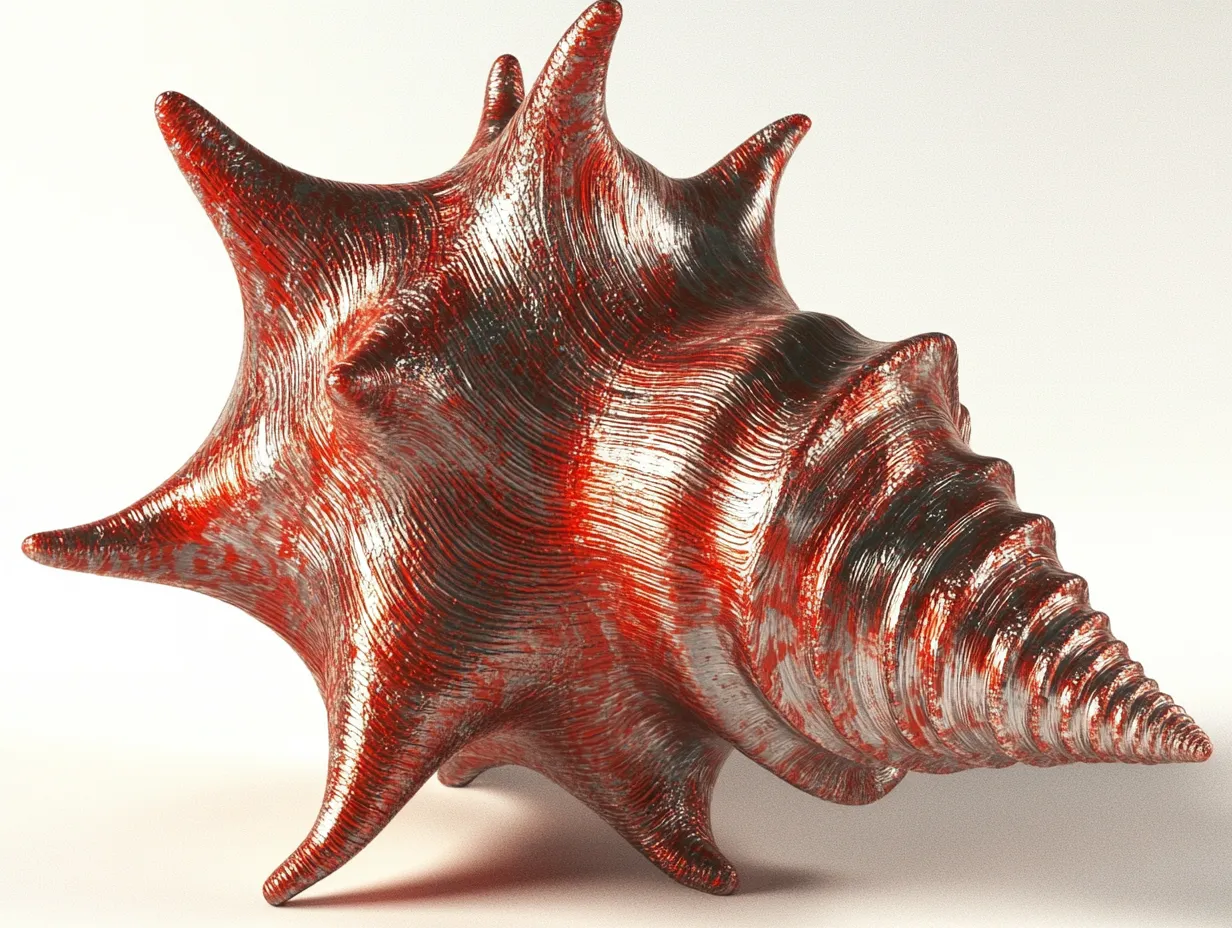 Renderizado tridimensional de una caracola marina con espinas puntiagudas, de color rojo y blanco, sobre fondo blanco.