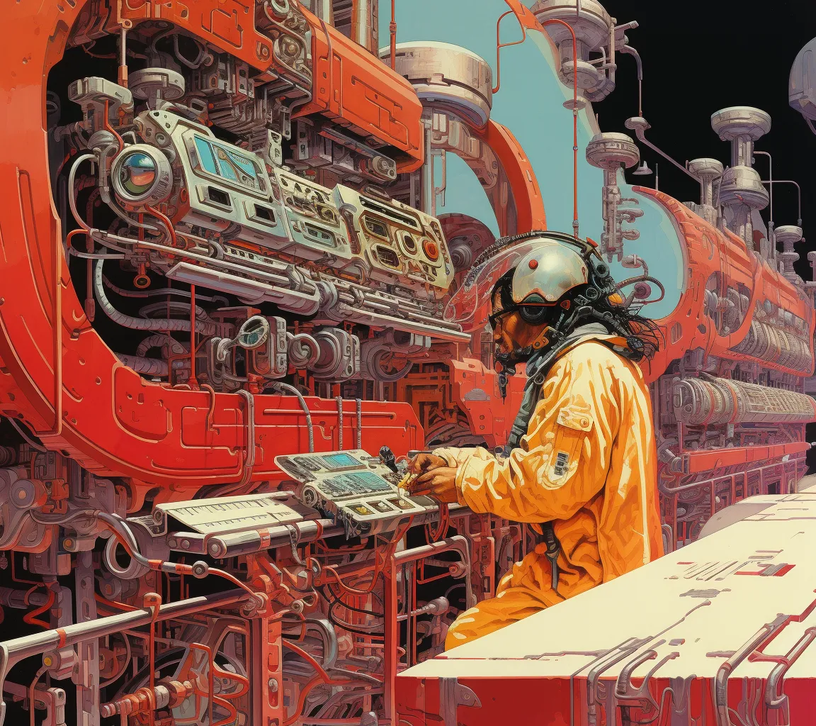 Ilustración retrofuturista de una persona con traje amarillo y casco blanco operando un panel de control en una gran maquinaria roja llena de tubos.