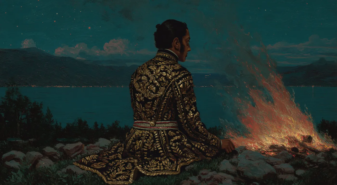 Hombre de espaldas con una chaqueta bordada en dorado, sentado junto a una fogata frente a un lago de noche, bajo un cielo estrellado.