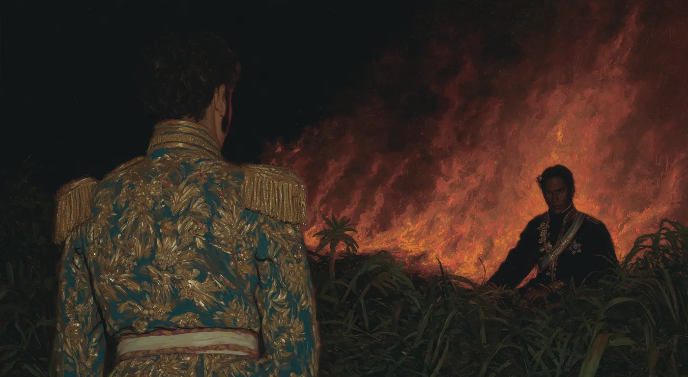 Hombre de espaldas con uniforme militar bordado en dorado, mirando un campo en llamas de noche, con otra persona sentada entre el fuego.