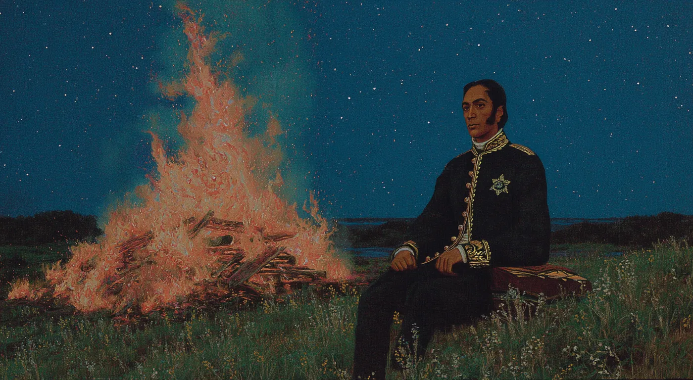 Hombre sentado con uniforme militar oscuro bordado en dorado, junto a una fogata de noche frente a un lago, bajo un cielo estrellado.