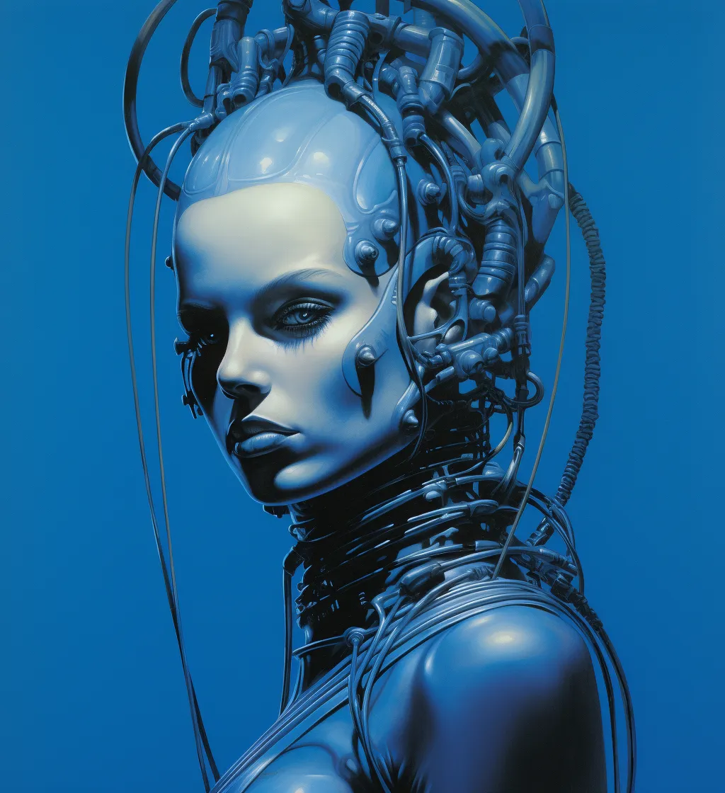 Ilustración de una figura humanoide azul con la cabeza cubierta de tubos y cables metálicos en lugar de cabello, sobre fondo azul.