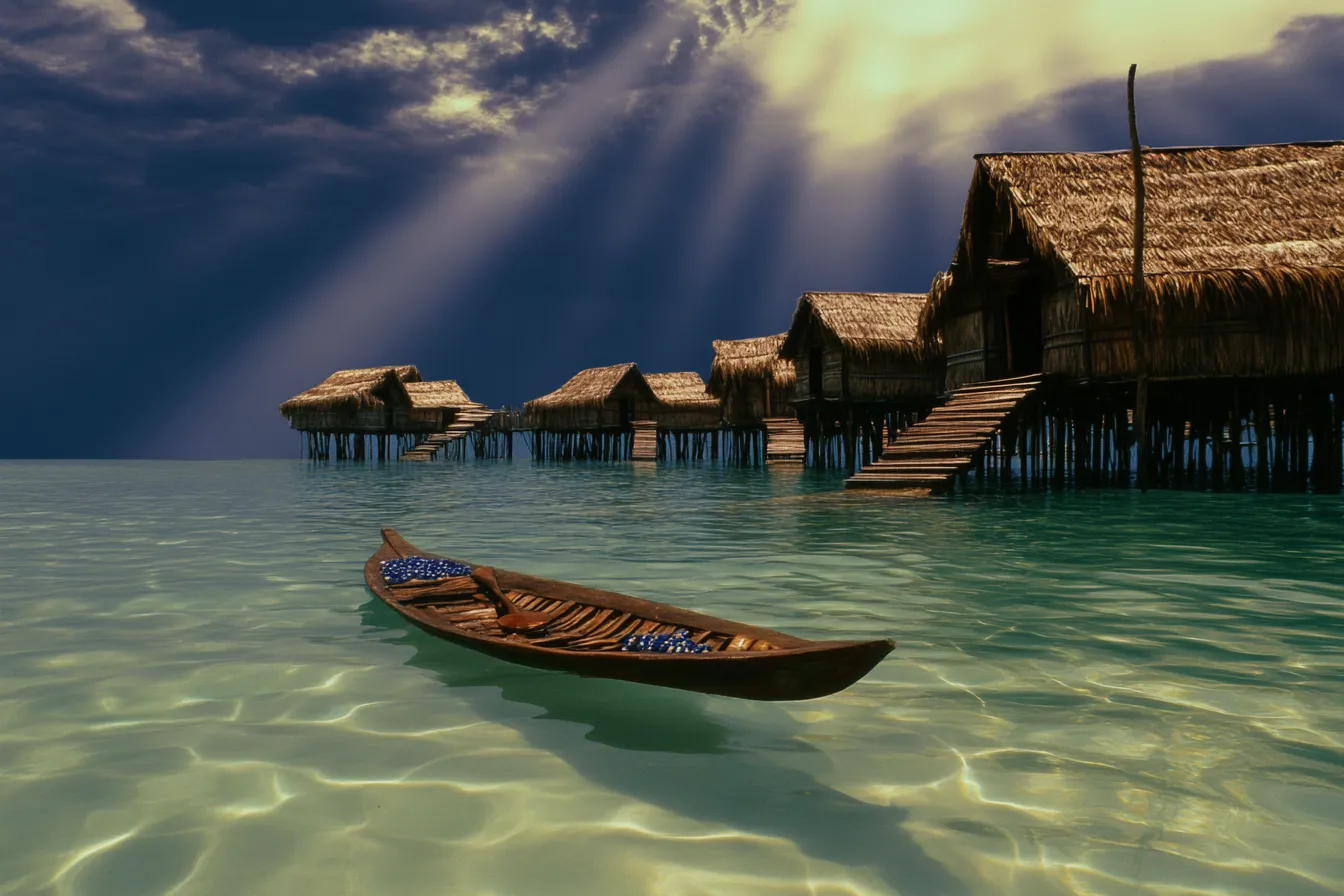 Poblado de casas de madera sobre pilotes con techos de paja, sobre un mar turquesa transparente, con una canoa de madera flotando cerca bajo un cielo con rayos de sol entre las nubes.