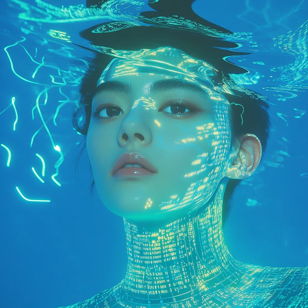 Retrato de una persona bajo el agua, con el rostro cubierto de patrones de luz digital brillante, en tonos azules y verdes.