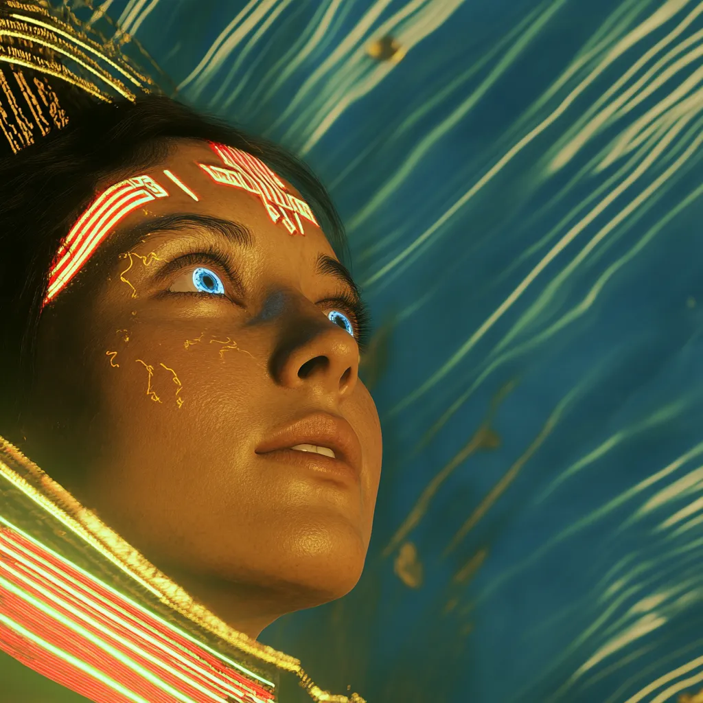 Primer plano del rostro de una persona con ojos azules brillantes y marcas doradas luminosas en la frente y las mejillas, fondo con líneas onduladas.