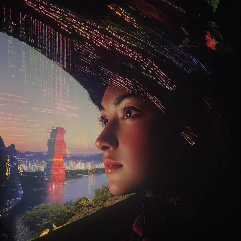Perfil de una persona con una capucha oscura con textura de código digital, con una ciudad iluminada y una torre roja de fondo al atardecer.