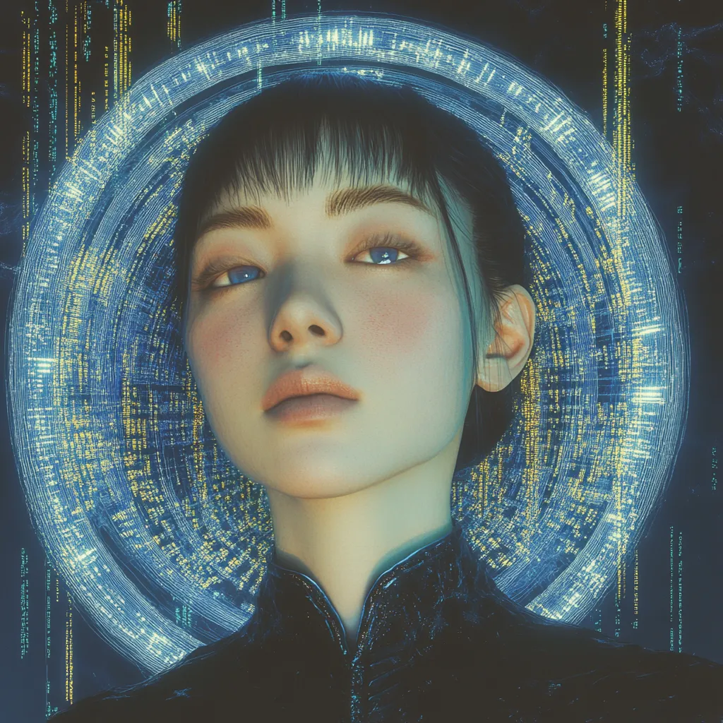 Retrato de una persona con un halo circular de luz y patrones digitales alrededor de la cabeza, vestida de negro, fondo oscuro con tonos azules.