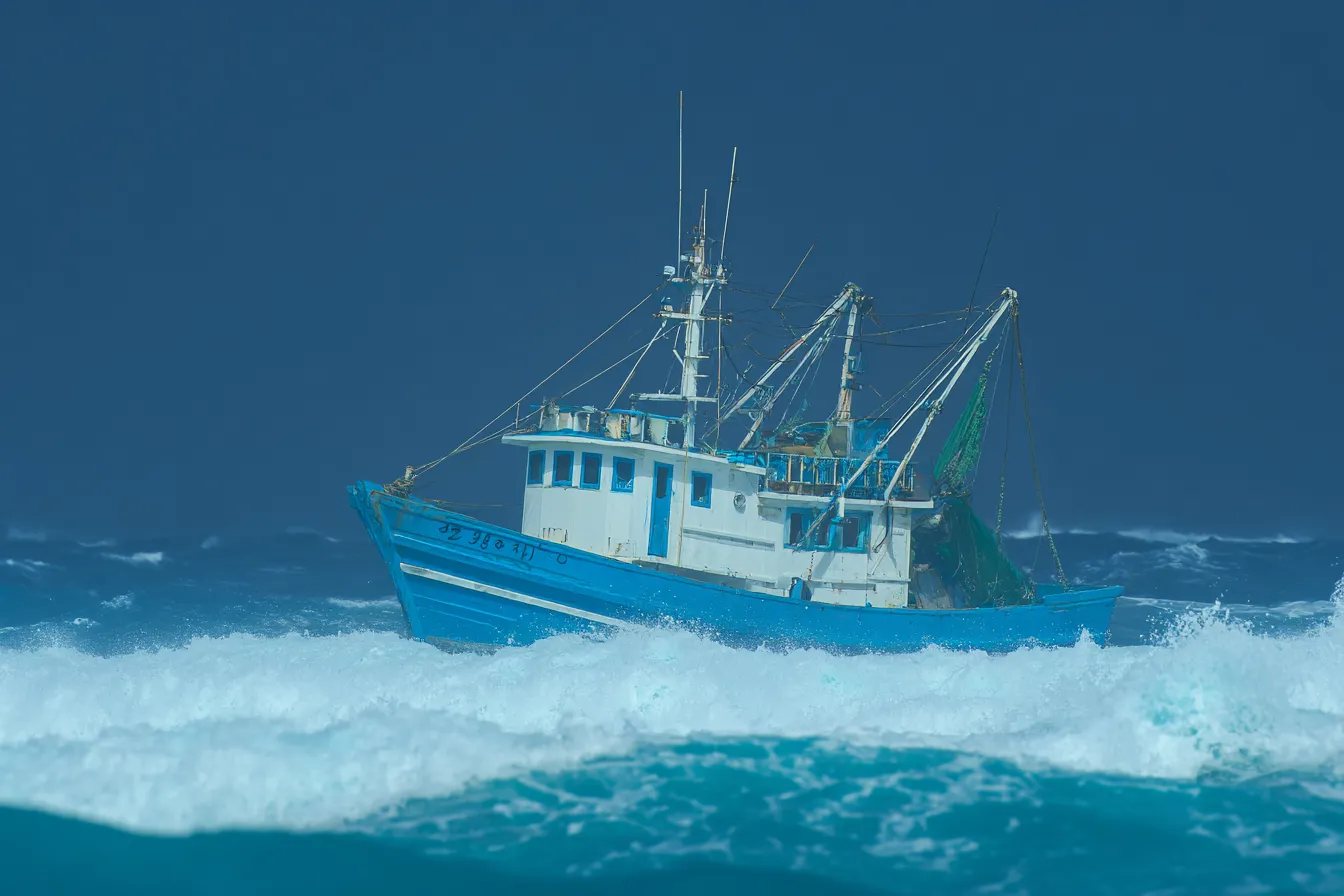 Barco de pesca azul y blanco navegando entre olas grandes de un mar turquesa agitado, bajo un cielo tormentoso.