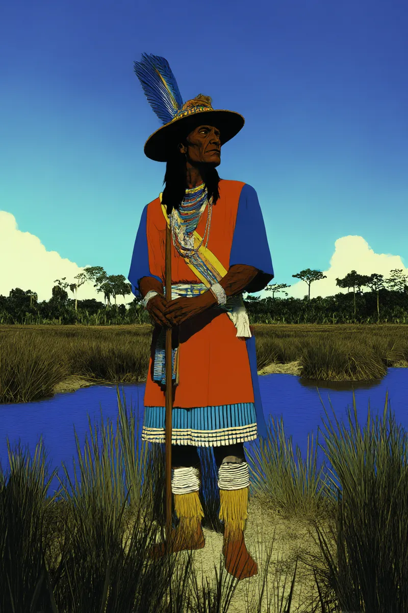 Retrato de cuerpo entero de un hombre indígena con sombrero de plumas, túnica azul y naranja, sosteniendo un bastón, de pie junto a un pantano con palmeras.
