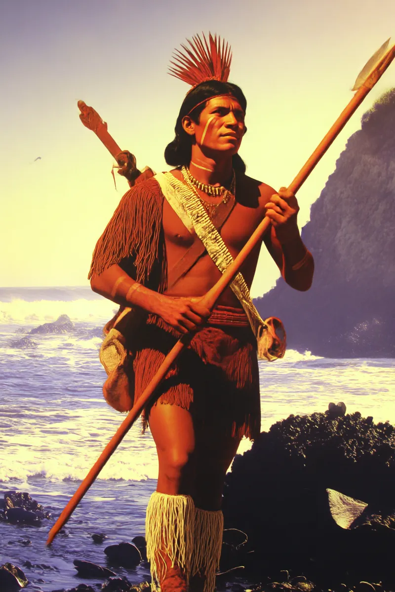 Retrato de cuerpo entero de un hombre indígena con tocado de plumas rojas, sosteniendo una lanza, de pie sobre rocas frente al mar con olas rompiendo, luz dorada.