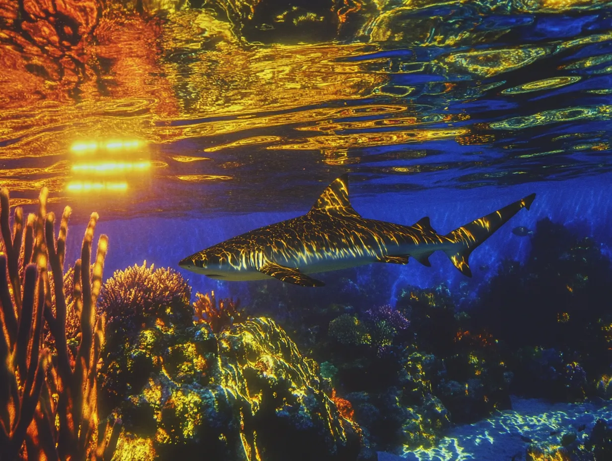 Tiburón nadando bajo el agua junto a un arrecife de coral, con la luz del sol filtrándose en tonos dorados desde la superficie.