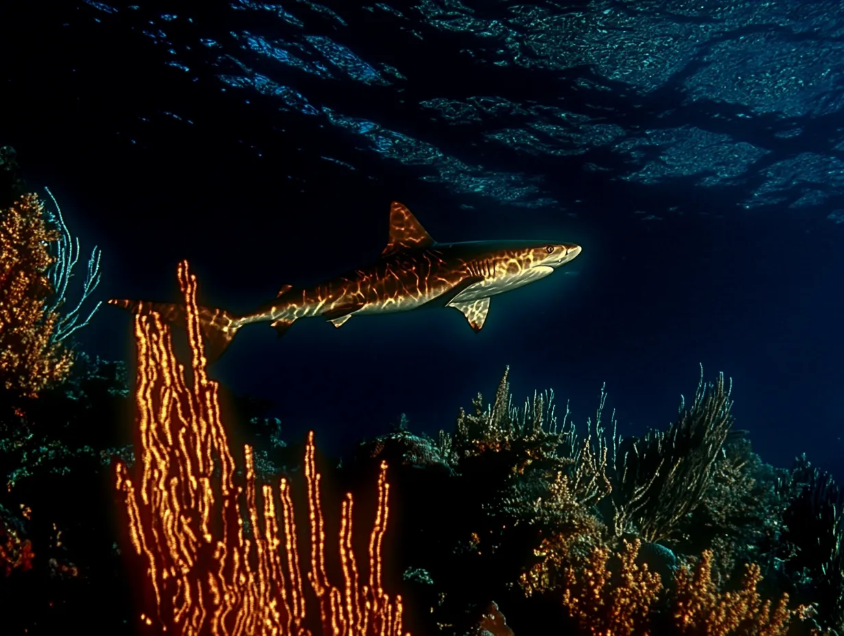 Un tiburón nada bajo el agua junto a corales blandos de color naranja brillante, con luz azul oscura filtrándose desde la superficie.