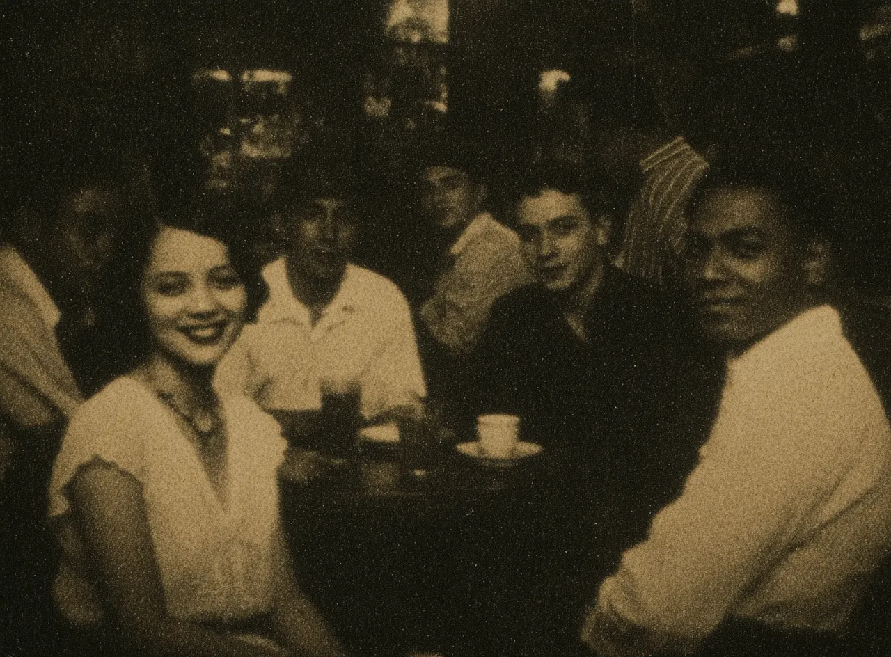Fotografía en sepia de una mujer sonriente con collar de perlas sentada junto a una mesa, rodeada de varios hombres en un bar.