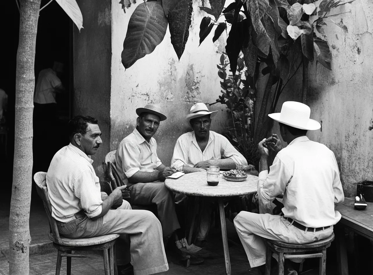 Fotografía en blanco y negro de cuatro hombres con sombrero sentados a una mesa redonda en un patio, bajo hojas grandes de una planta.