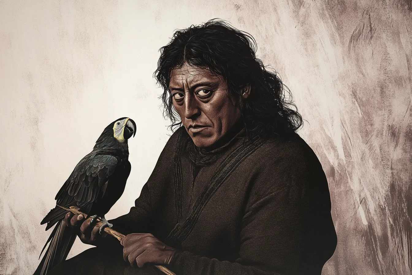 Pintura de un hombre de rostro serio sosteniendo una guacamaya negra posada en un palo, sobre fondo marrón texturizado.
