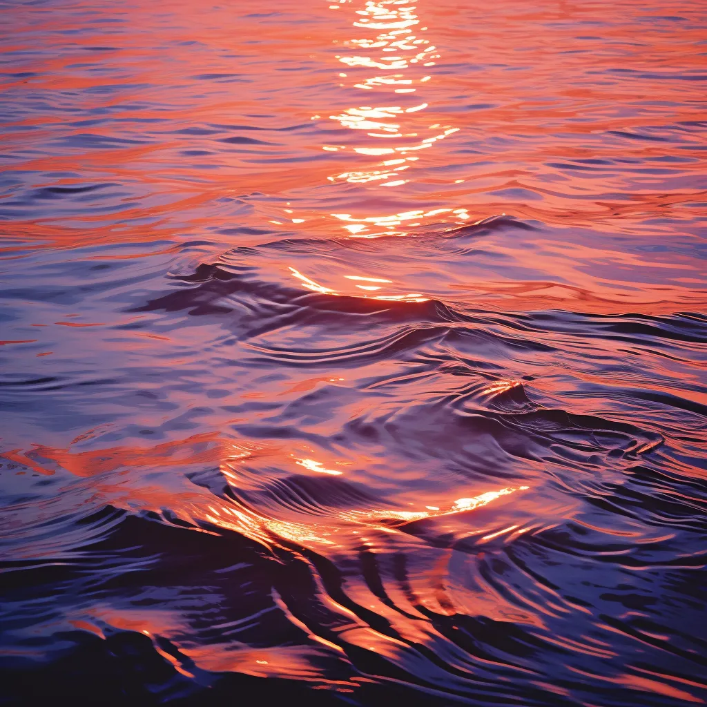 Primer plano de la superficie del mar con olas pequeñas que reflejan la luz naranja y roja de un atardecer.