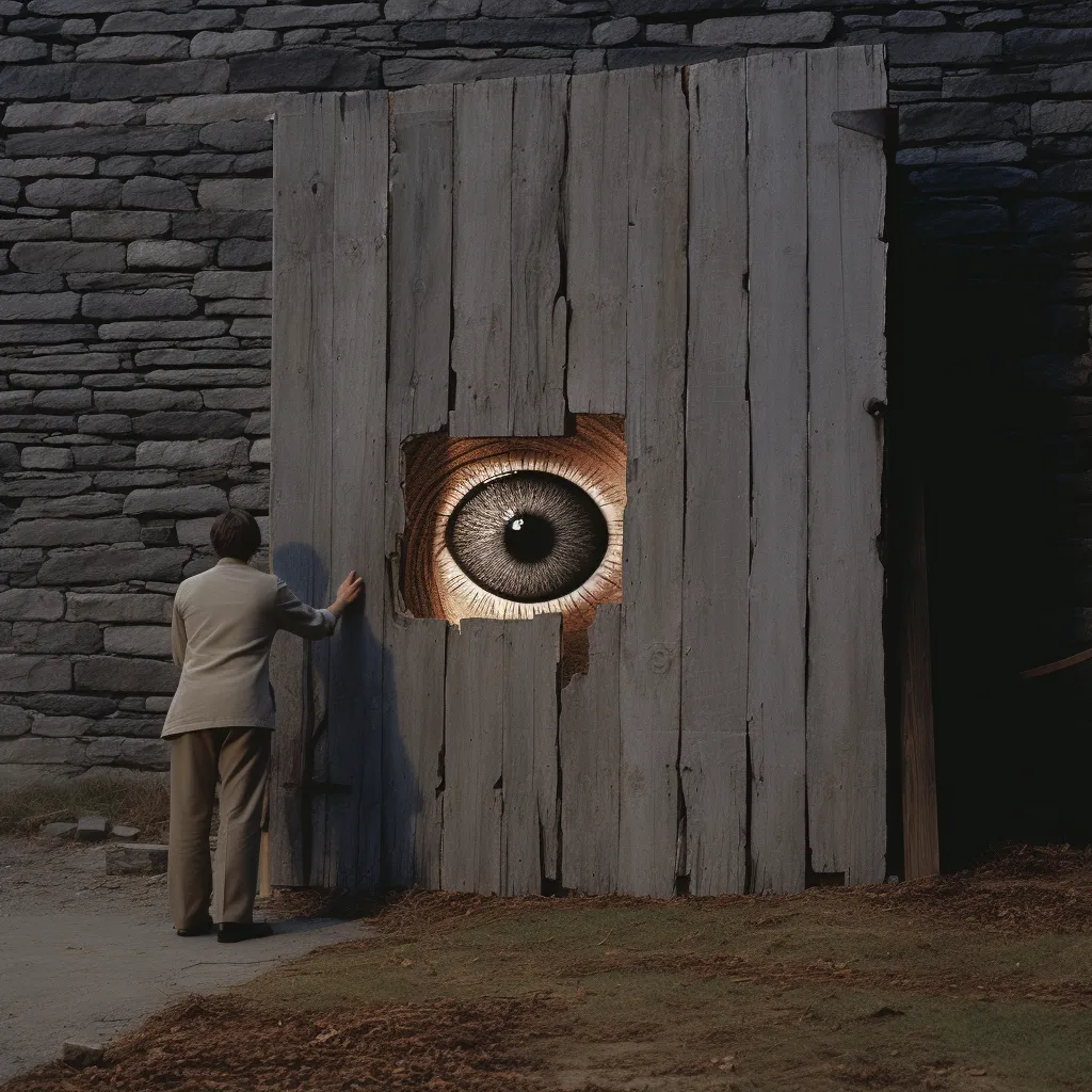 Un hombre de traje toca con la mano una pared de tablones de madera con un agujero del que sobresale un ojo grande, junto a un muro de piedra.