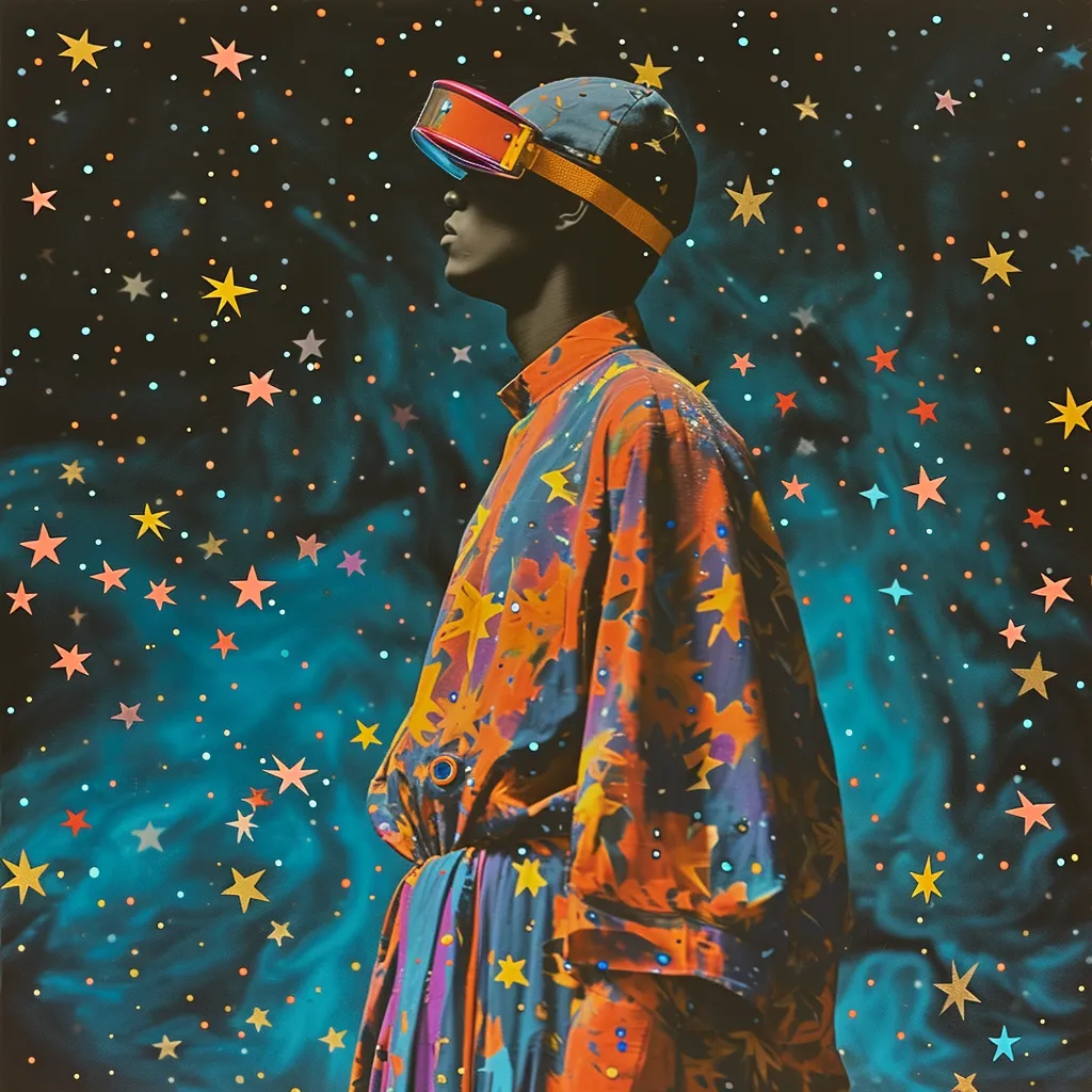 Ilustración de un hombre con visor futurista y una túnica de colores estampada con estrellas, de pie sobre un fondo azul oscuro lleno de estrellas.