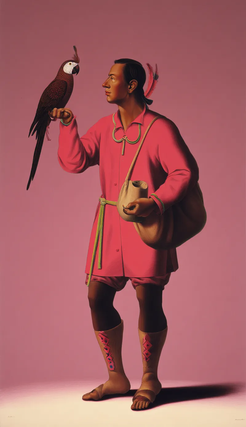 Pintura de un hombre con túnica rosa sosteniendo una guacamaya roja sobre el puño, con una bolsa de cuero al hombro y sandalias con diseño geométrico.