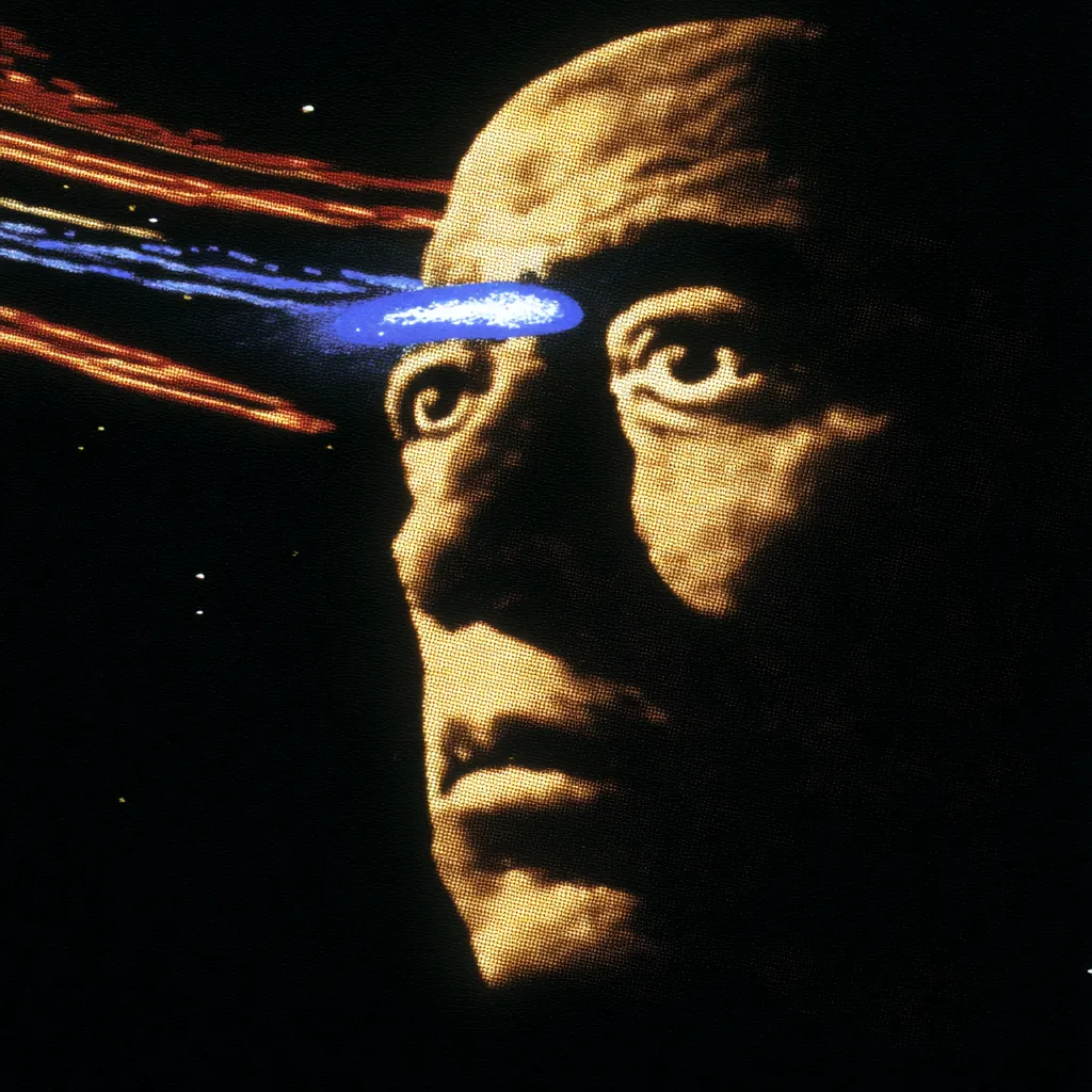Rostro de un hombre calvo cruzado por franjas de luz roja, naranja y azul a la altura de los ojos, sobre fondo oscuro con estrellas.