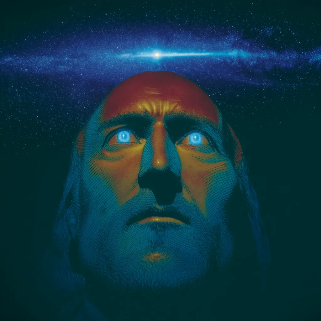 Rostro de un hombre mirando hacia arriba con los ojos iluminados de azul, bajo una estrella brillante en un cielo nocturno, con tonos naranja y turquesa en la piel.