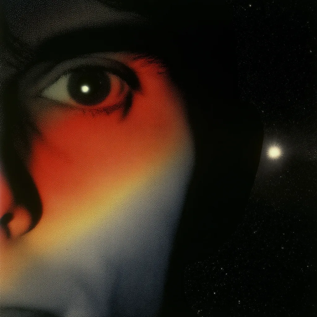 Primer plano del ojo y la mejilla de una persona iluminados con un degradado de naranja y azul, sobre fondo oscuro con una estrella brillante.
