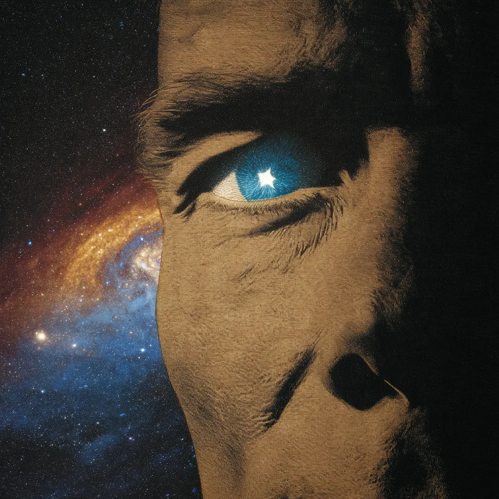 Rostro dividido a la mitad: un lado con piel texturizada y el otro con la imagen de una galaxia, con un ojo azul brillante en el centro.