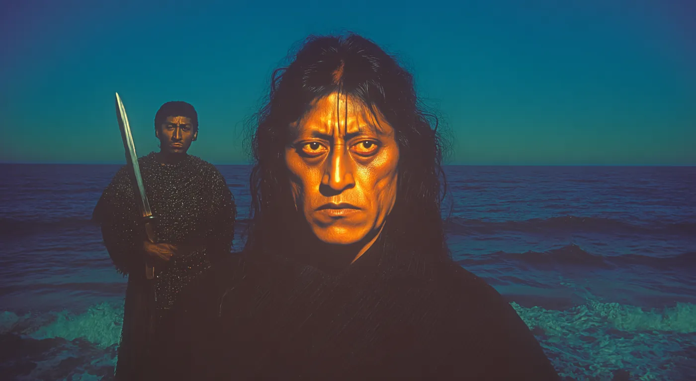Dos hombres de cabello largo y ropa oscura de pie frente al mar al atardecer; el de atrás sostiene una espada.