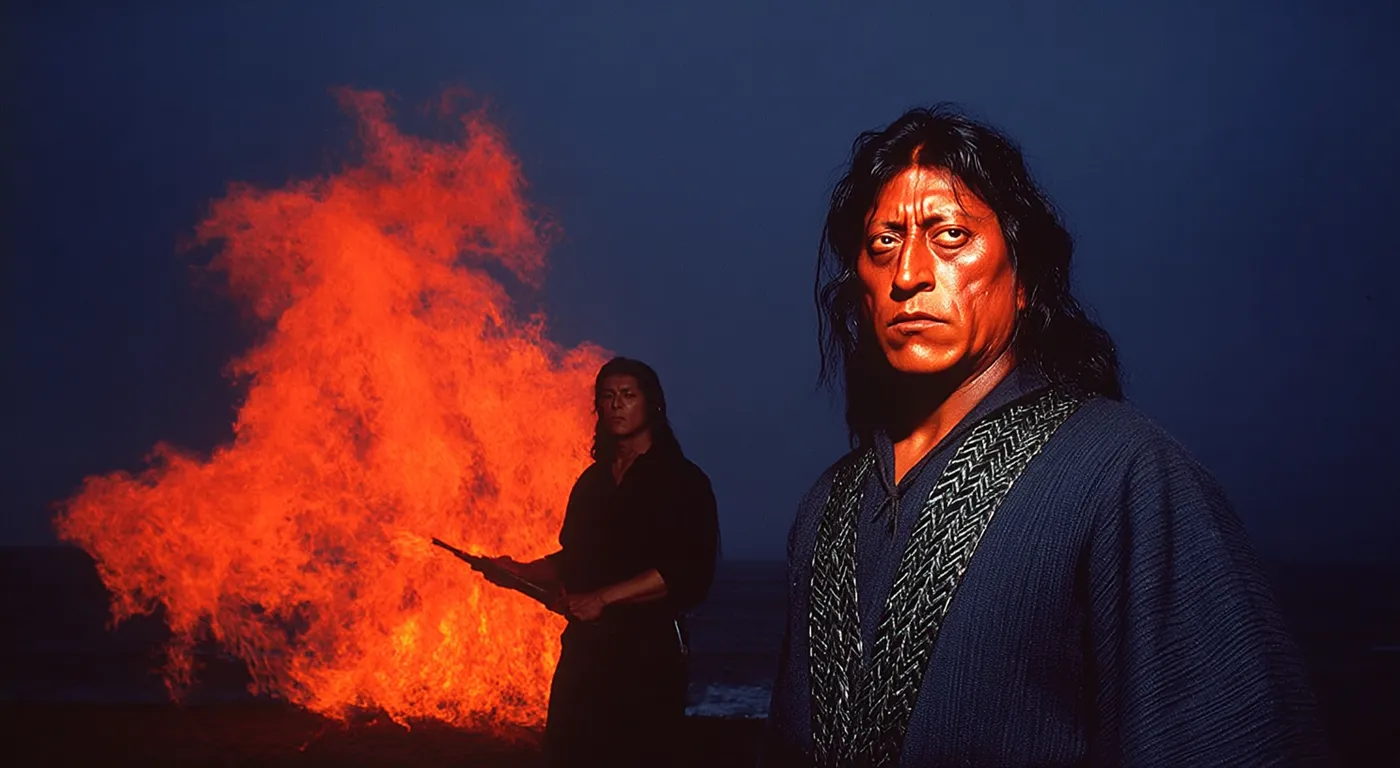Dos hombres de pie de noche junto a una hoguera encendida; el de atrás sostiene una espada, el de adelante lleva una capa oscura con cuello bordado.