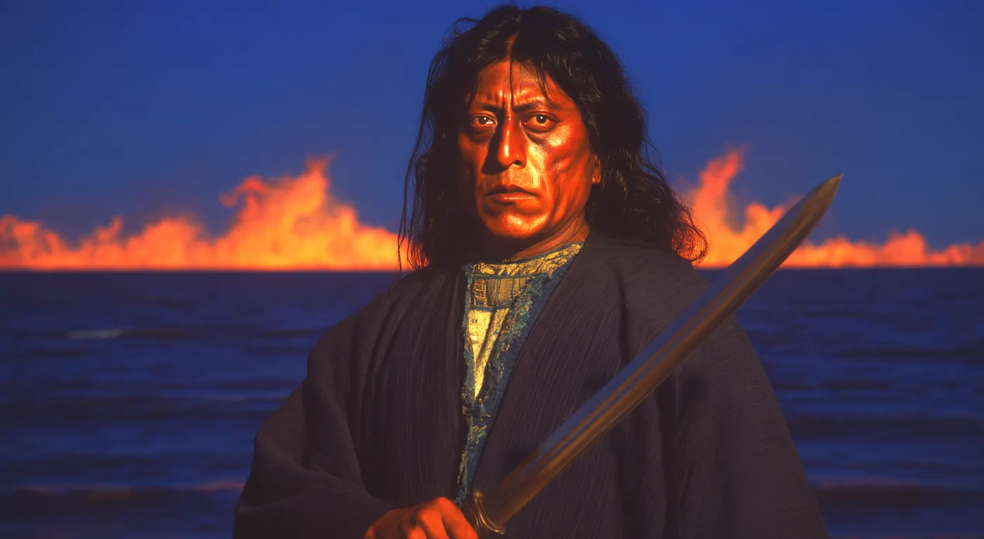 Un hombre de cabello largo sostiene una espada frente al mar, con una franja de fuego ardiendo en el horizonte al atardecer.