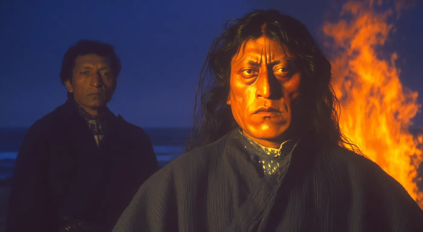 Dos hombres de pie frente al mar al atardecer, con una gran hoguera ardiendo detrás de ellos; el de atrás sostiene una lanza.