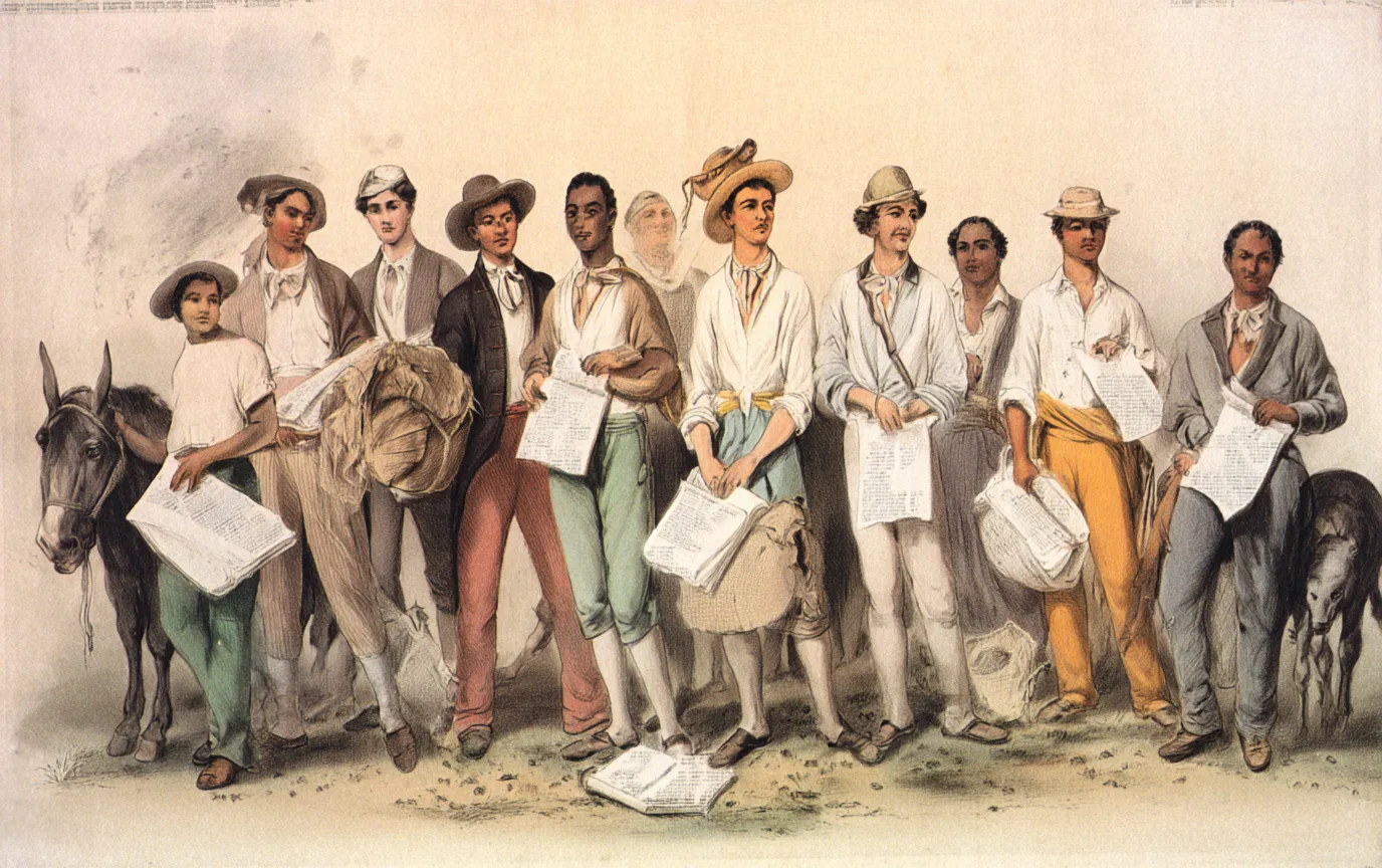 Ilustración coloreada de una fila de hombres con distintos sombreros y ropa, cargando papeles y bultos, con un burro y un perro junto a ellos.