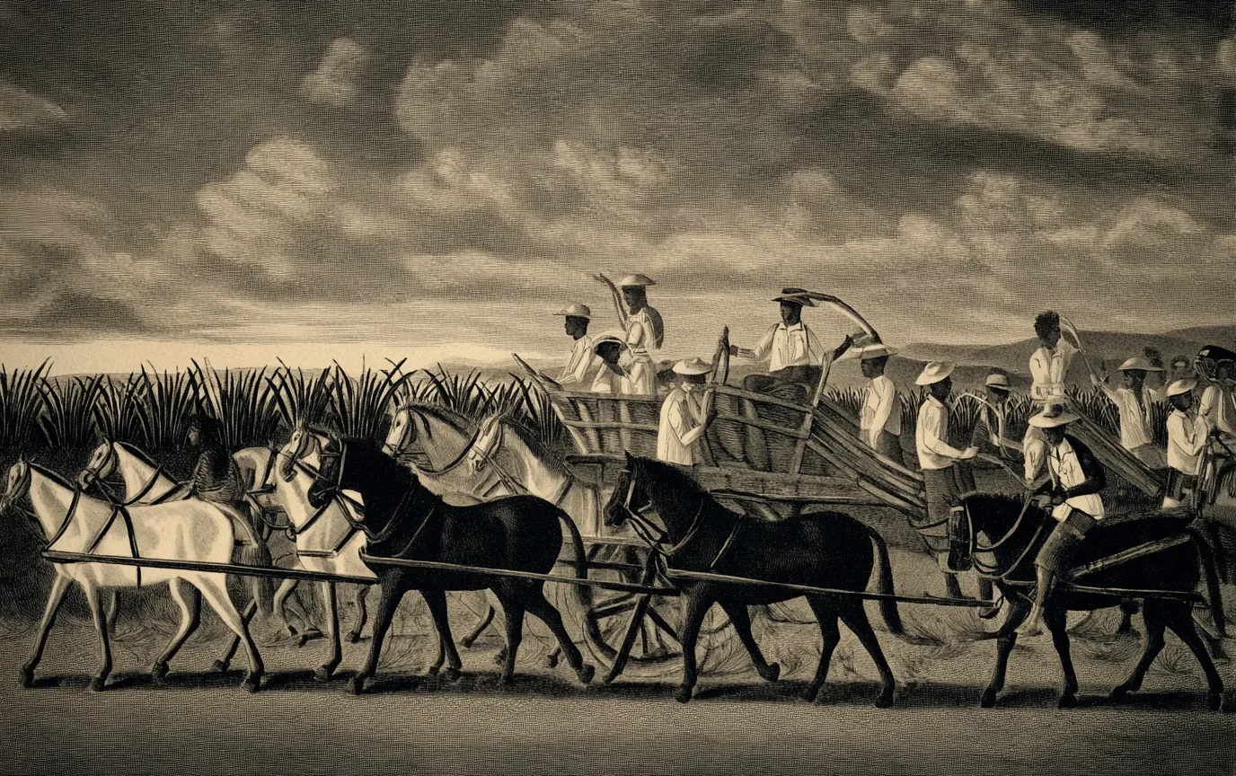 Pintura en tonos sepia de varios caballos tirando de un carro entre plantaciones de caña, con hombres a caballo y de pie sobre el carro.