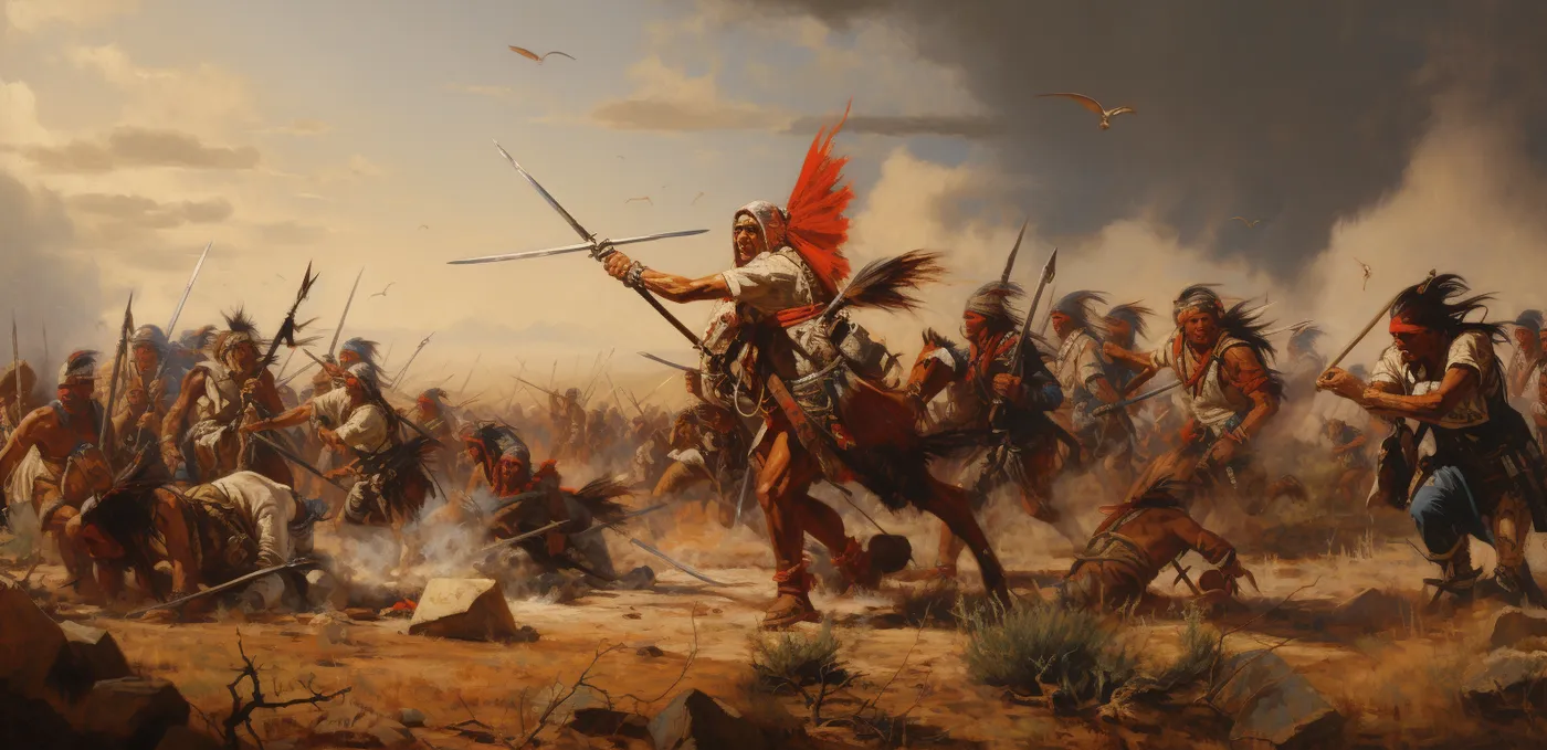 Pintura de guerreros con lanzas y tocados de plumas en pleno combate, con caballos y una nube de polvo en un paisaje abierto bajo un cielo dorado.