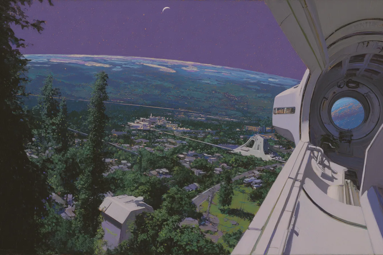 Vista nocturna de un valle con un pueblo y colinas verdes desde el interior curvo de una estación espacial blanca, con una ventana circular que muestra un planeta y una luna creciente en el cielo morado.