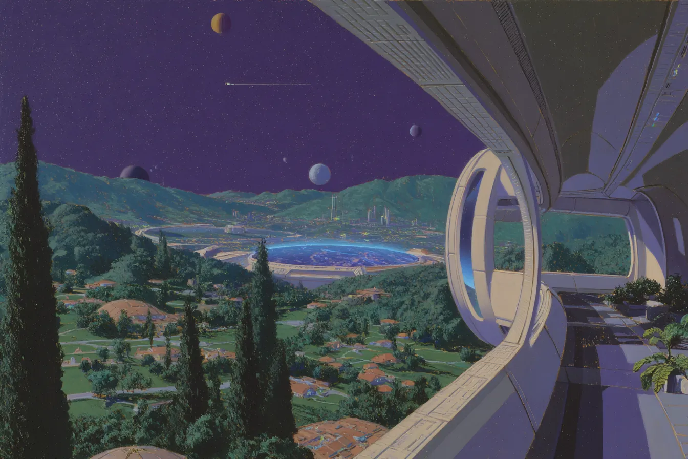 Vista de un valle verde con una laguna azul y un pueblo, observado desde una terraza curva de una estructura futurista blanca con plantas en macetas, bajo un cielo morado con varias lunas y una estrella fugaz.