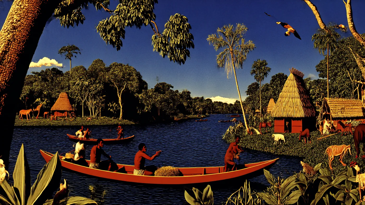 Dos hombres reman una canoa de madera por un río entre chozas de techo de paja, con árboles tropicales, un ave roja en vuelo y animales cerca de las viviendas, en luz cálida de atardecer.