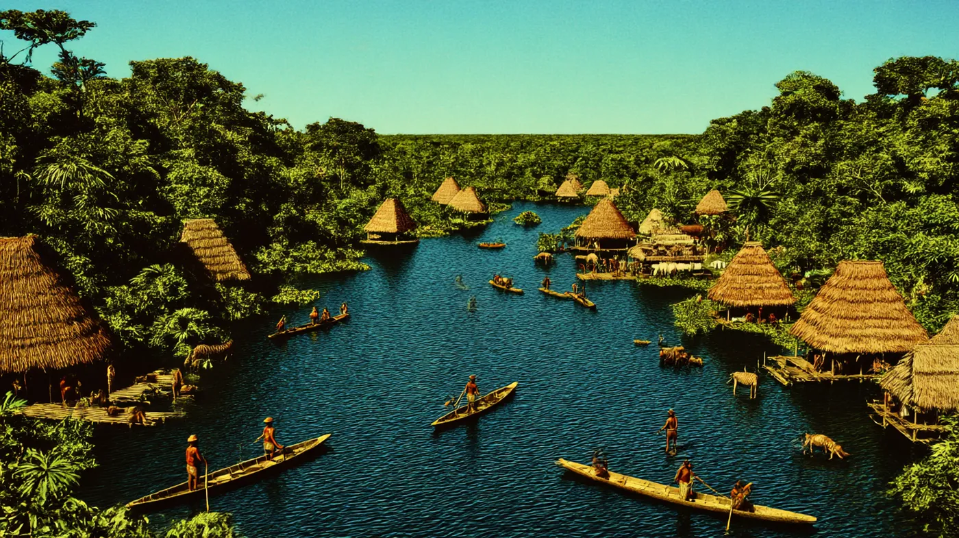 Vista aérea de una aldea con numerosas chozas de techo cónico de paja junto a un río, con varias canoas de madera navegando y transportando personas, rodeada de selva tropical densa.